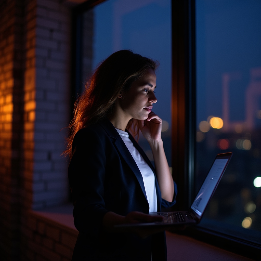Persona trabajando de noche frente a una pantalla con expresión de cansancio mental